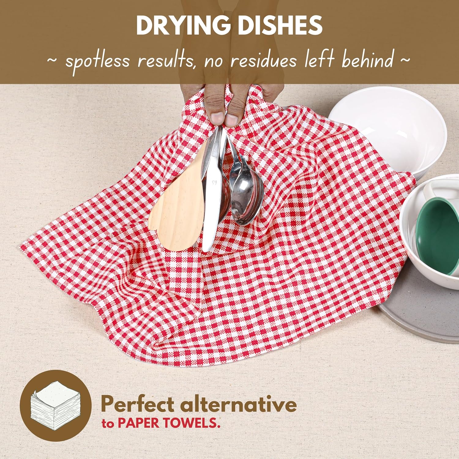 Native Fab 12 Pack Gingham Check Kitchen Towels 16"x26" - Mini Plaid Cotton Dish Towels Washable - Absorbent Tea Towel, Soft Hand Towel with Hanging Loop, Dish Cloth Set - Red White