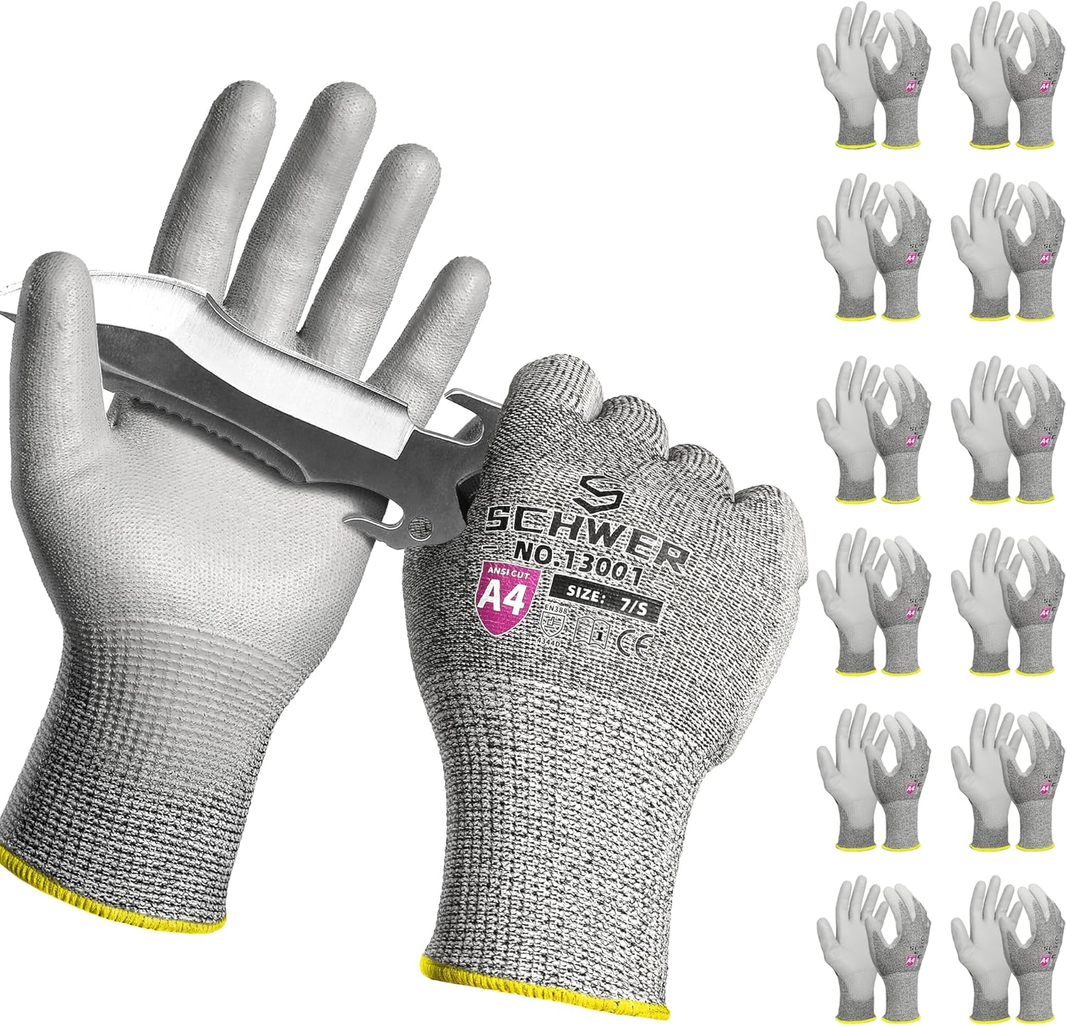 Schwer 12 Pairs ANSI A4 Cut Resistant Work Gloves, Cut Proof Gloves with PU Coating, Used for Metal Fabrication, WoodWorking, Construction, Non Slip, Durable, XS, CR13001