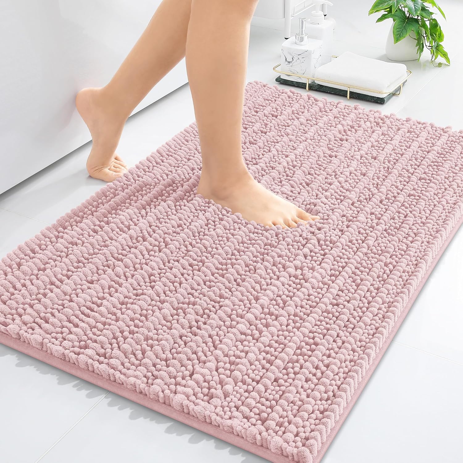 Arotive Luxury Chenille Bathroom Rug Mat, Extra Soft Thick Absorbent Shaggy Bath Rugs, Non-Slip Machine Wash Dry, Plush Bath Mats for Bathroom, Shower and Tub, 24x16, Dirty Pink