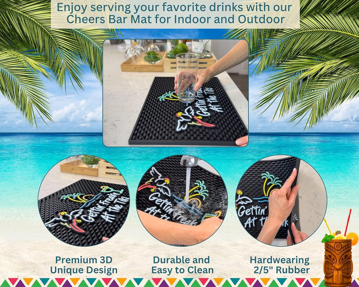 Gettin Freaky at The Tiki Sign with Flying Parrot, Palm Tree and Cocktail Tiki Bar Mats for Countertop 18 x 12in, Coffee Station Mat and Coffee Bar Mat, Aloha, Hawaiian and Luau Party Decorations