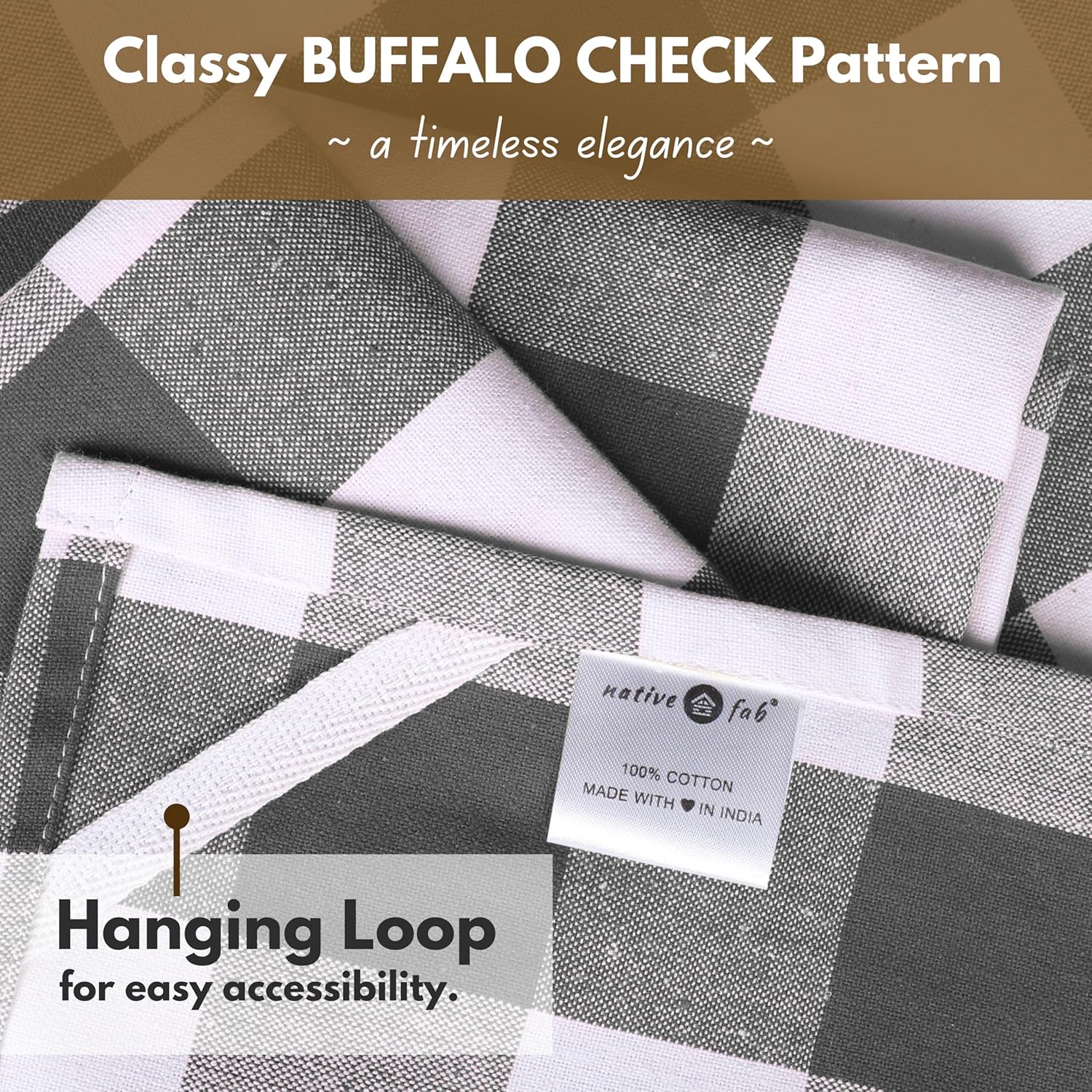 Native Fab 6-Pack Kitchen Towel with Hanging Loop 16x26 inches, Cotton Buffalo Check Kitchen Towels for Cleaning Drying, Washcloths Soft & Absorbent Cloth Rags, Bar Towel, Dish Cloth, Grey