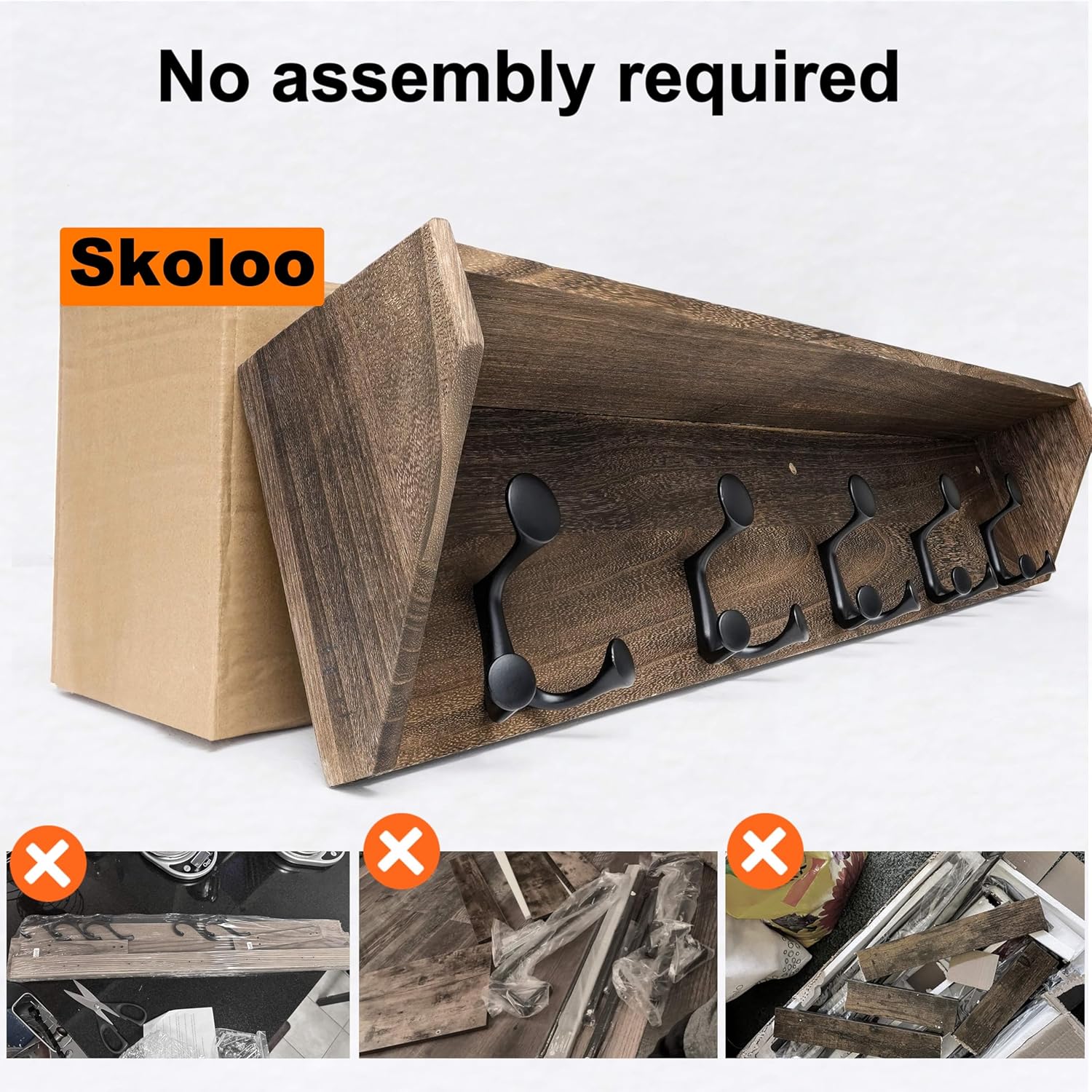 SKOLOO Wall Shelf with Hooks, 35-Inch Weathered Brown Coat Rack Wall Mount with Shelf Organizer - Lightweight & Sturdy, 5 Tri Hooks - Perfect for Entryway, Hallway, Living Room, Bedroom, Mudroom