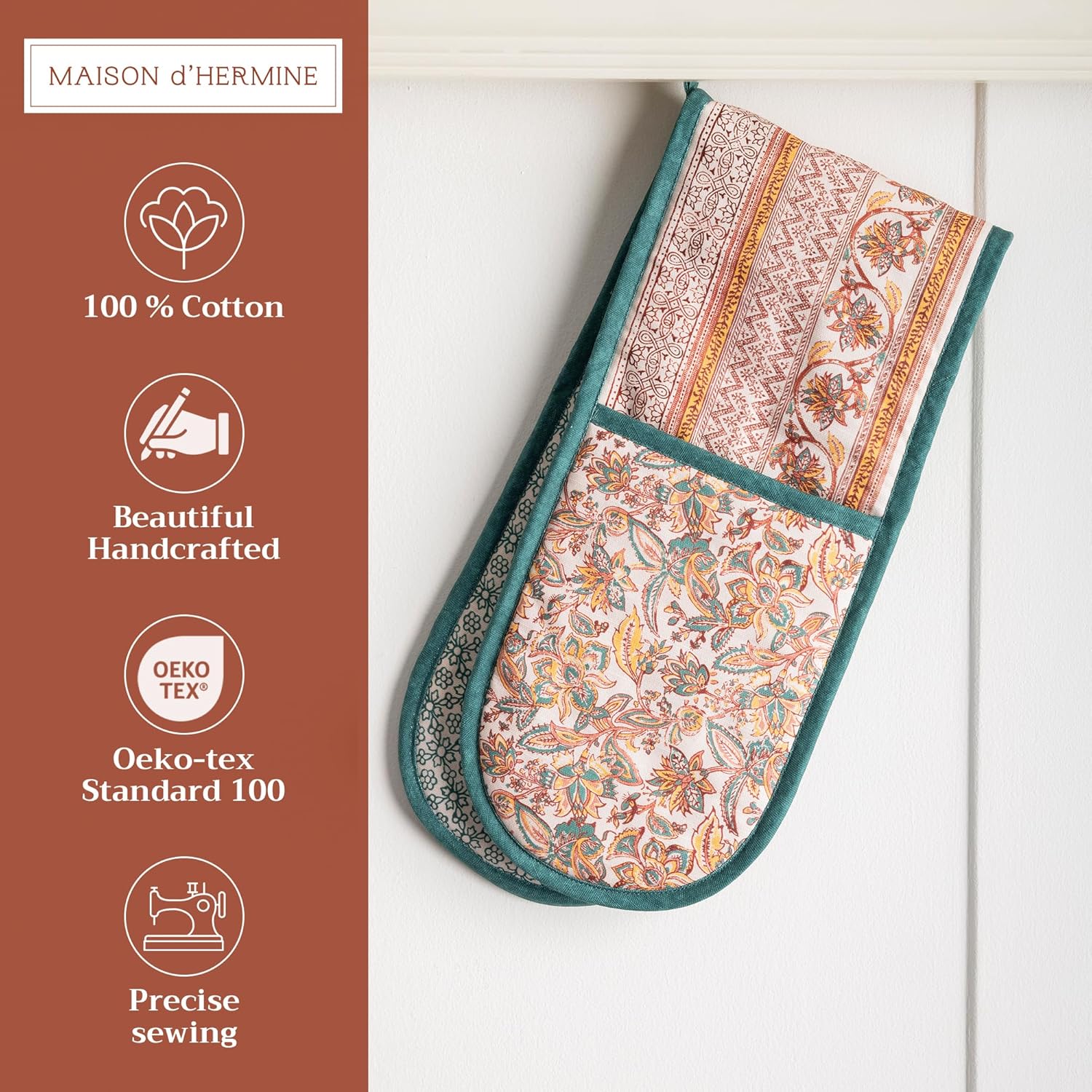 Maison d' Hermine Double Oven Mitts 100% Cotton 7"x35" Double Oven Mitt Heat Resistant BBQ Cooking Gloves with Loop, Baking, Grilling, Home, Kitchen, Handling Hot Pans (Nila)