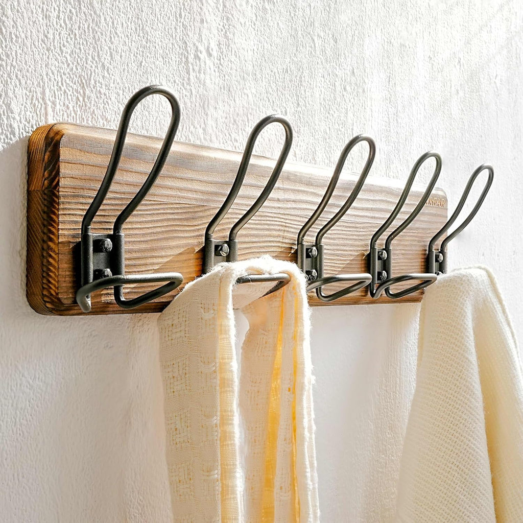 Dseap Coat Rack Wall Mounted - Heavy Duty Farmhouse Rustic Wall Coat Hanger With 5 Wire Hooks for Clothes Hat Jacket Towel, RusticWire, G25A, Rustic Brown & Black, Pack of 2