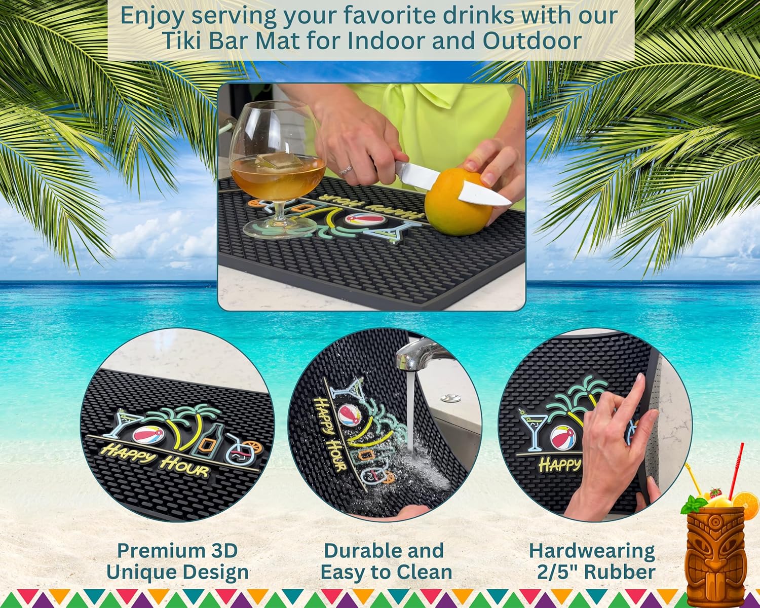 Tiki Bar Decor Happy Hour Mat 18x12 in, Tiki Bar Mats for Countertop with Martini, Beach Ball, Palm Trees, Beer Bottle and Cocktail Design - Outdoor Tiki Bar Mat, Tiki Decor Bar Mats for Bartending