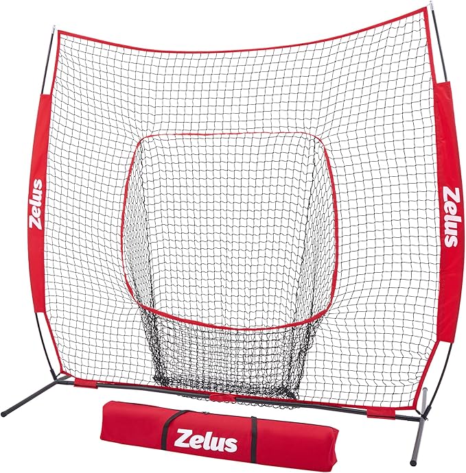 ZELUS Baseball Net 7 ft x7 ft, Softball Hitting & Pitching with Carry Bag, Ground Stakes, Portable Backstop & Bow Frame, Training Equipment for All Ages