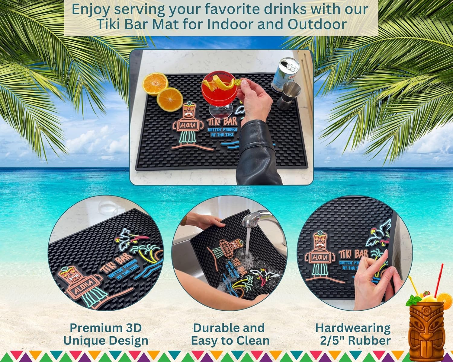 Aloha Tiki Bar Mat Gettin Freaky at The Tiki 18x12 in Hawaiian Decorations | Luau Party Decorations & Hawaiian Party Decorations Bar Mats for Countertop, Hawaii Palm Tree, Flying Parrot Tiki Bar Decor