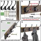 IBosins Wall Mounted Coat Rack, 2 Pack Metal Wood Coat Rack with 8 Black Rustic Hooks for Scarf, Bag, Towel, Key, Cap, Cup, Hat