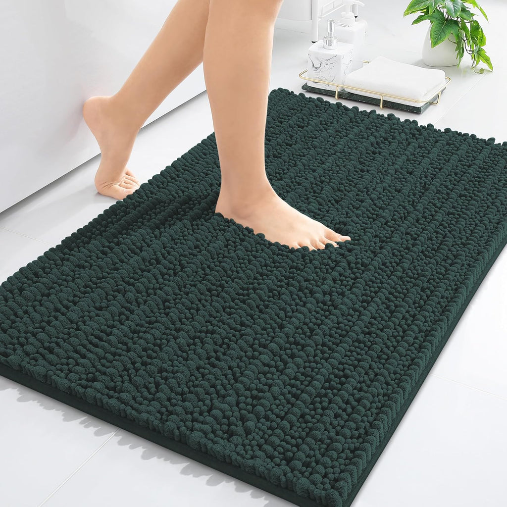 Arotive Luxury Chenille Bathroom Rug Mat, Extra Soft Thick Absorbent Shaggy Bath Rugs, Non-Slip Machine Wash Dry, Plush Bath Mats for Bathroom, Shower and Tub, 24x16, Dark Green