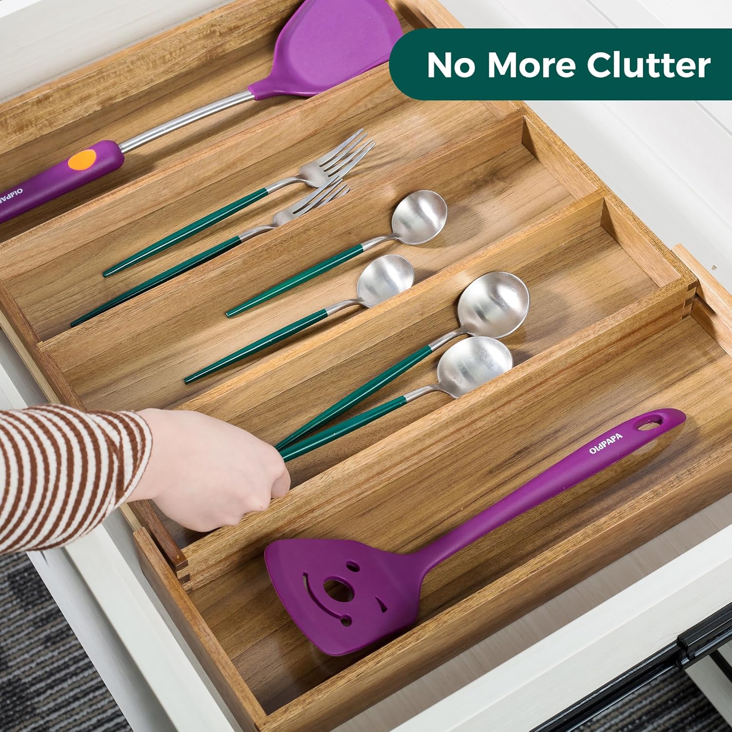 Utoplike Acacia Kitchen Drawer Organizer Expandable, Large Utensils and Cutlery Tray, Adjustable Silverware Divider for Knives Flatware