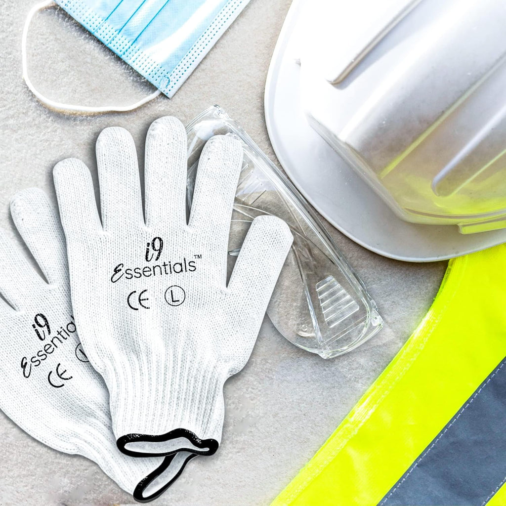 I9 Essentials Work Gloves – 12 Pairs Large Cotton Gloves with Anti-Slip PVC Dots – Durable, Lightweight Safety Gloves for Gardening, Construction, Carpentry & Warehouse Use