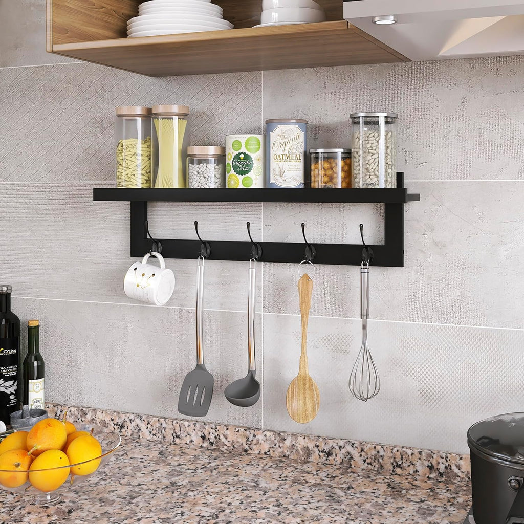 SMIBUY Coat Hooks with Shelf Wall-Mounted, 29.2 Inch Entryway Coat Rack for Wall, Bamboo Hanging Shelf with 5 Double Metal Hooks for Bathroom, Bedroom, Kitchen, Living Room, Mudroom (Black)