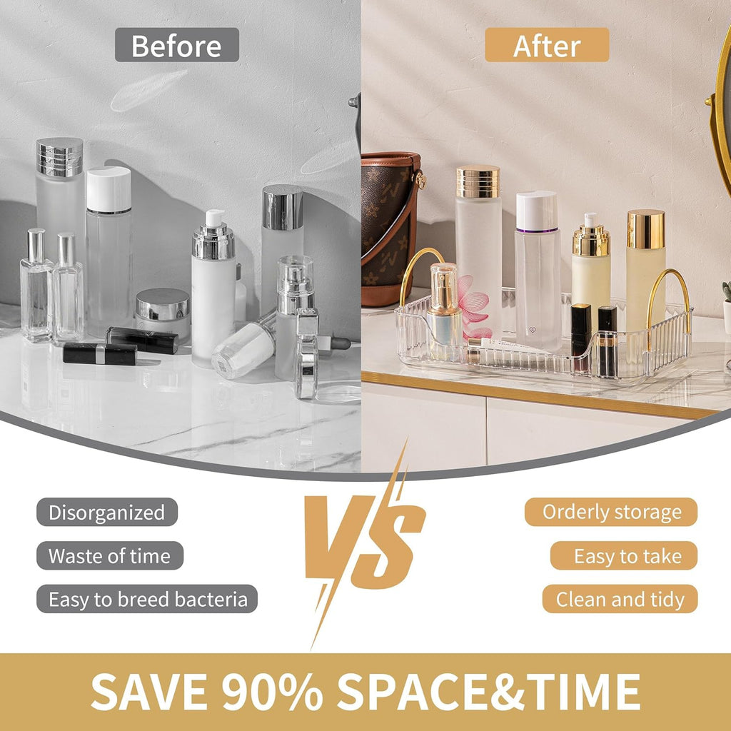 YCIA&DONE Bathroom Organizer Countertop, Makeup Storage, Skincare Cosmetic Tray Shelf, Perfume Holder Rack for Vanity Counter, Large Capacity, Easy to Install, Clean, 1 Tier, Clear White