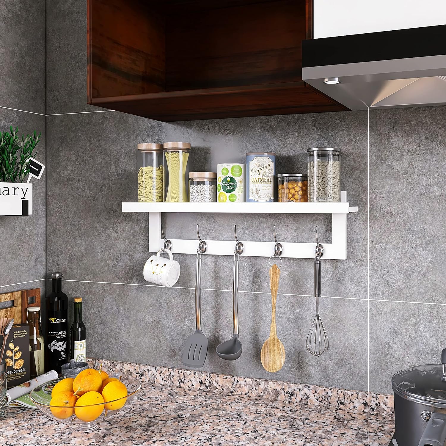 SMIBUY Coat Hooks with Shelf Wall-Mounted, 29.2 Inch Entryway Coat Rack for Wall, Bamboo Hanging Shelf with 5 Double Metal Hooks for Bathroom, Bedroom, Kitchen, Living Room, Mudroom (White)